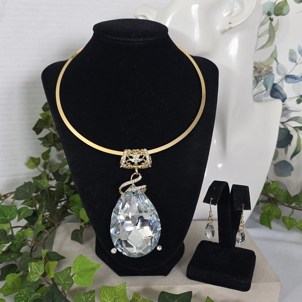 Statement Gold Choker Necklace with Large CZ Teardrop Pendant and Earrings  Set